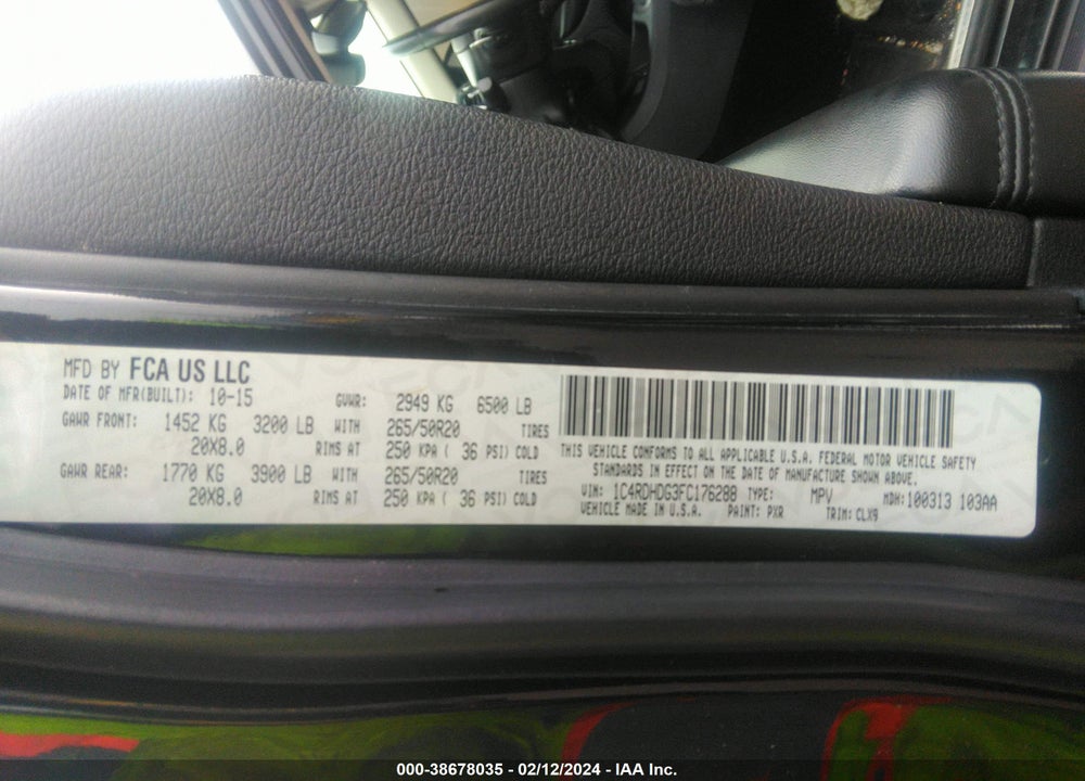 2015 DODGE DURANGO LIMITED VIN: 1C4RDHDG3FC176288