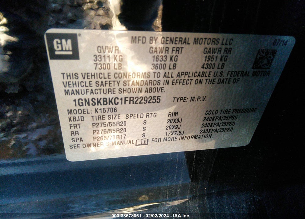 2015 CHEVROLET TAHOE LT VIN: 1GNSKBKC1FR229255