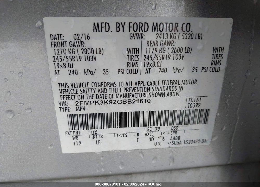 2016 FORD EDGE TITANIUM VIN: 2FMPK3K92GBB21610