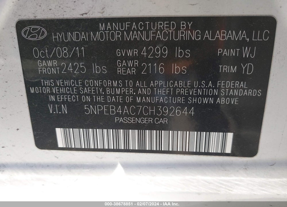 2012 HYUNDAI SONATA GLS VIN: 5NPEB4AC7CH392644