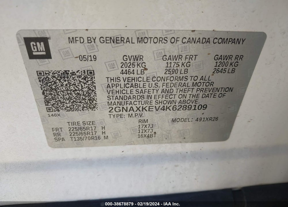 2019 CHEVROLET EQUINOX LT VIN: 2GNAXKEV4K6289109