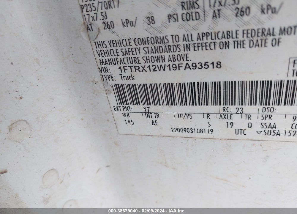 2009 FORD F-150 STX/XL VIN: 1FTRX12W19FA93518