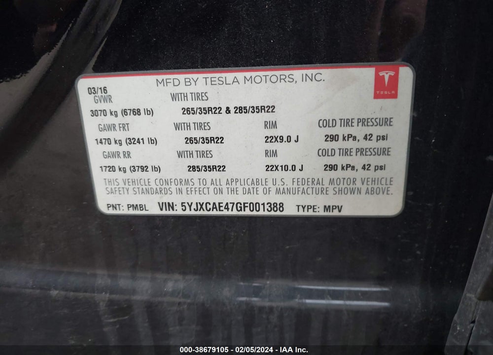 2016 TESLA MODEL X 60D/P100D/P90D VIN: 5YJXCAE47GF001388