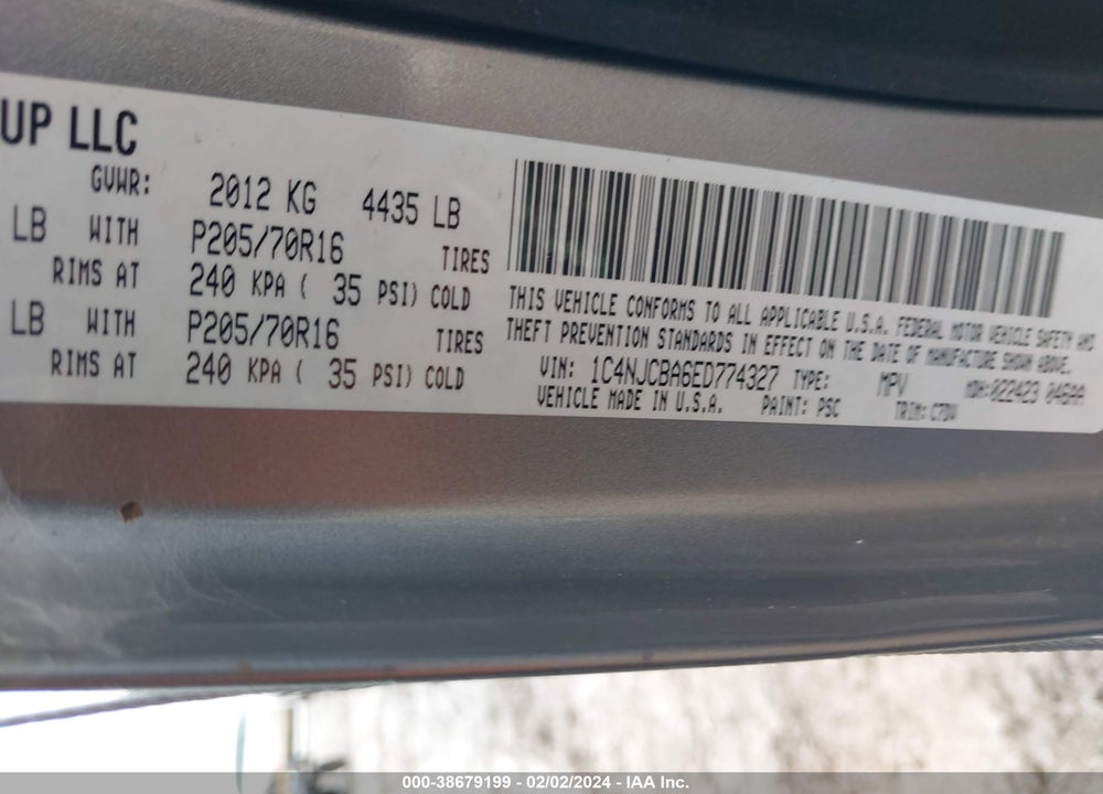 2014 JEEP COMPASS SPORT VIN: 1C4NJCBA6ED774327