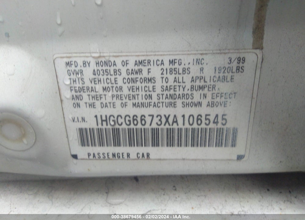 1999 HONDA ACCORD EX VIN: 1HGCG6673XA106545