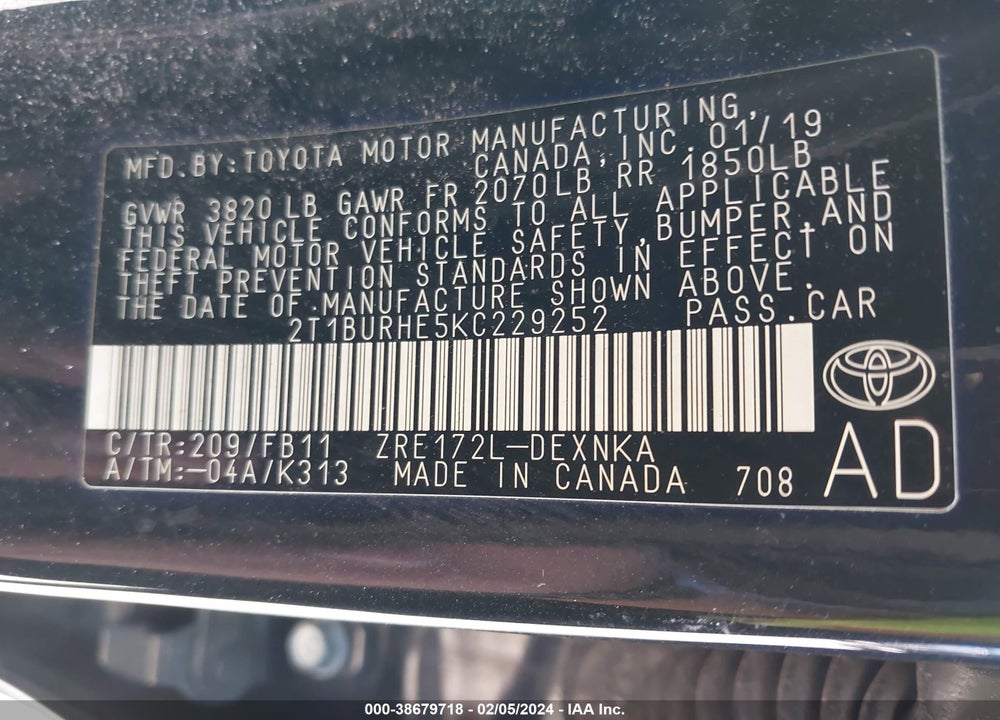 2019 TOYOTA COROLLA LE VIN: 2T1BURHE5KC229252