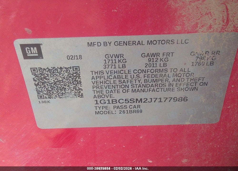 2018 CHEVROLET CRUZE LS AUTO VIN: 1G1BC5SM2J7177986
