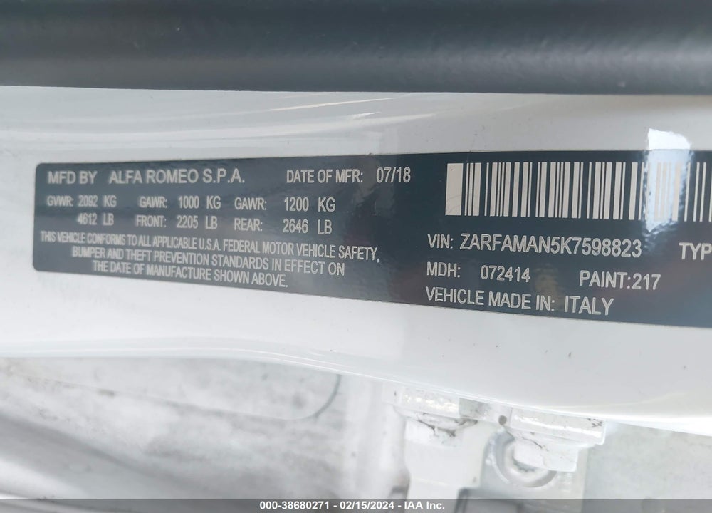 2019 ALFA ROMEO GIULIA RWD VIN: ZARFAMAN5K7598823