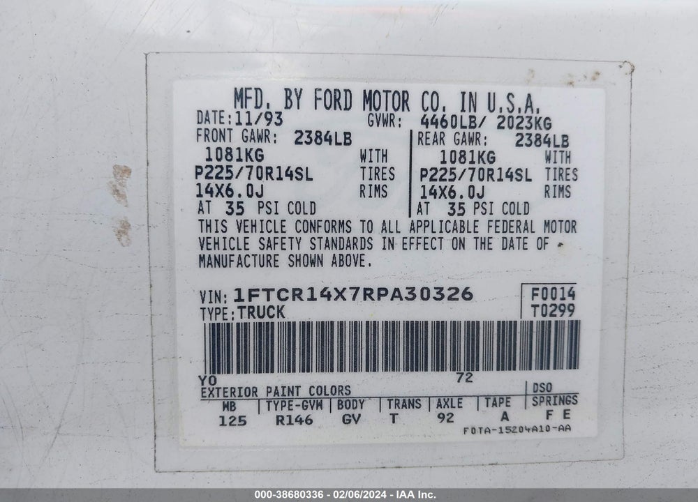 1994 FORD RANGER SUPER CAB VIN: 1FTCR14X7RPA30326