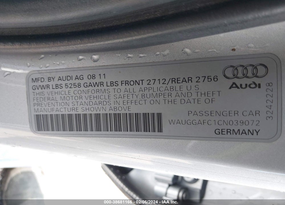 2012 AUDI A6 VIN: WAUGGAFC1CN039072