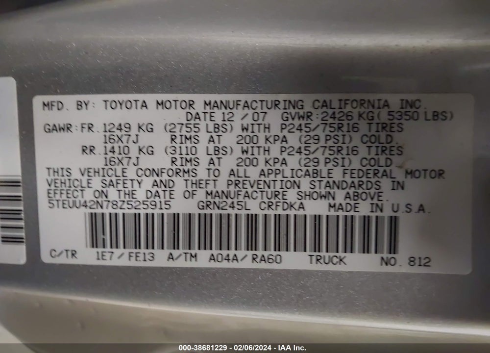 2008 TOYOTA TACOMA BASE V6 VIN: 5TEUU42N78Z525915