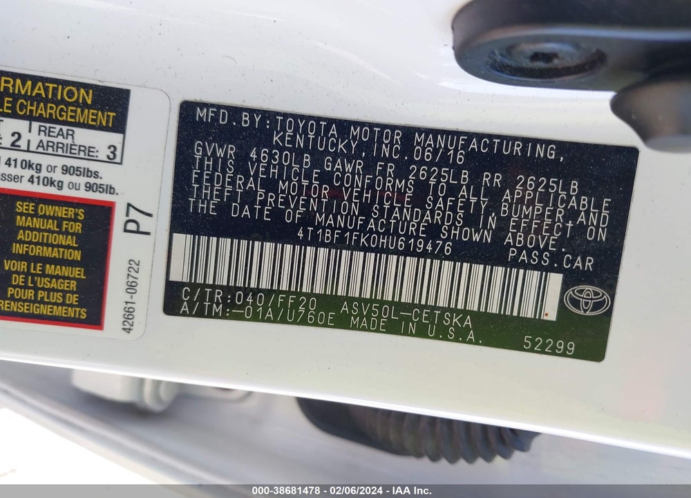 2017 TOYOTA CAMRY SE VIN: 4T1BF1FK0HU619476