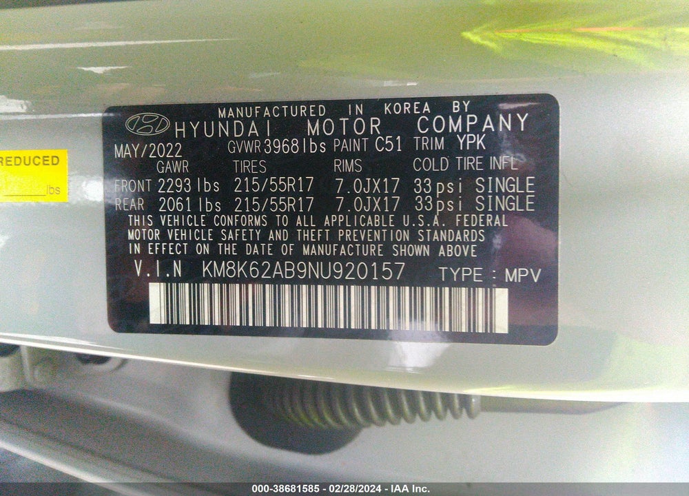 2022 HYUNDAI KONA SEL VIN: KM8K62AB9NU920157