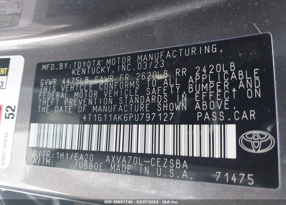 2023 TOYOTA CAMRY SE VIN: 4T1G11AK6PU797127