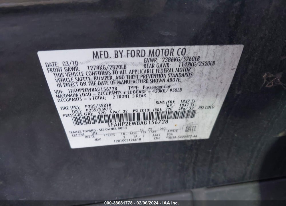 2010 FORD TAURUS SEL VIN: 1FAHP2EW8AG156728