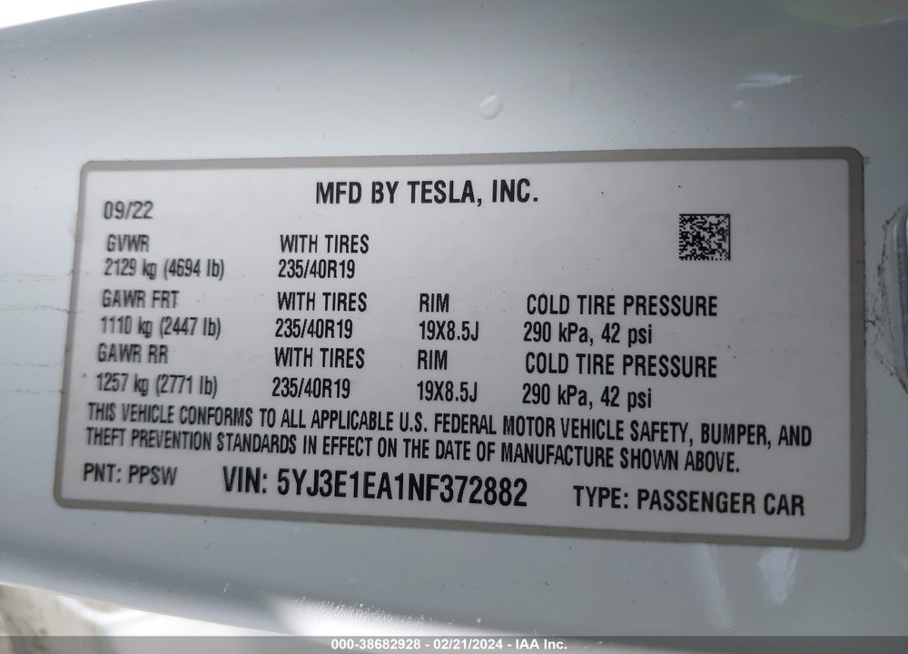 2022 TESLA MODEL 3 REAR-WHEEL DRIVE VIN: 5YJ3E1EA1NF372882