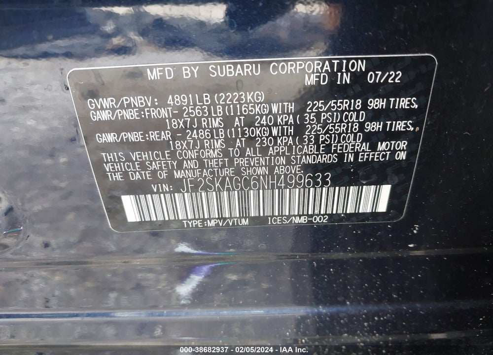 2022 SUBARU FORESTER SPORT VIN: JF2SKAGC6NH499633
