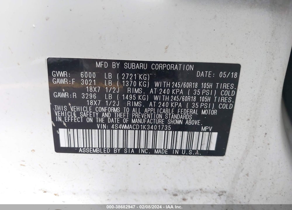 2019 SUBARU ASCENT PREMIUM VIN: 4S4WMACD1K3401735