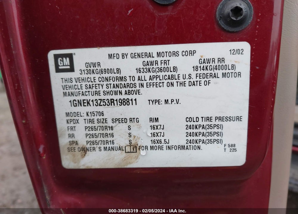 2003 CHEVROLET TAHOE LT VIN: 1GNEK13Z53R198811