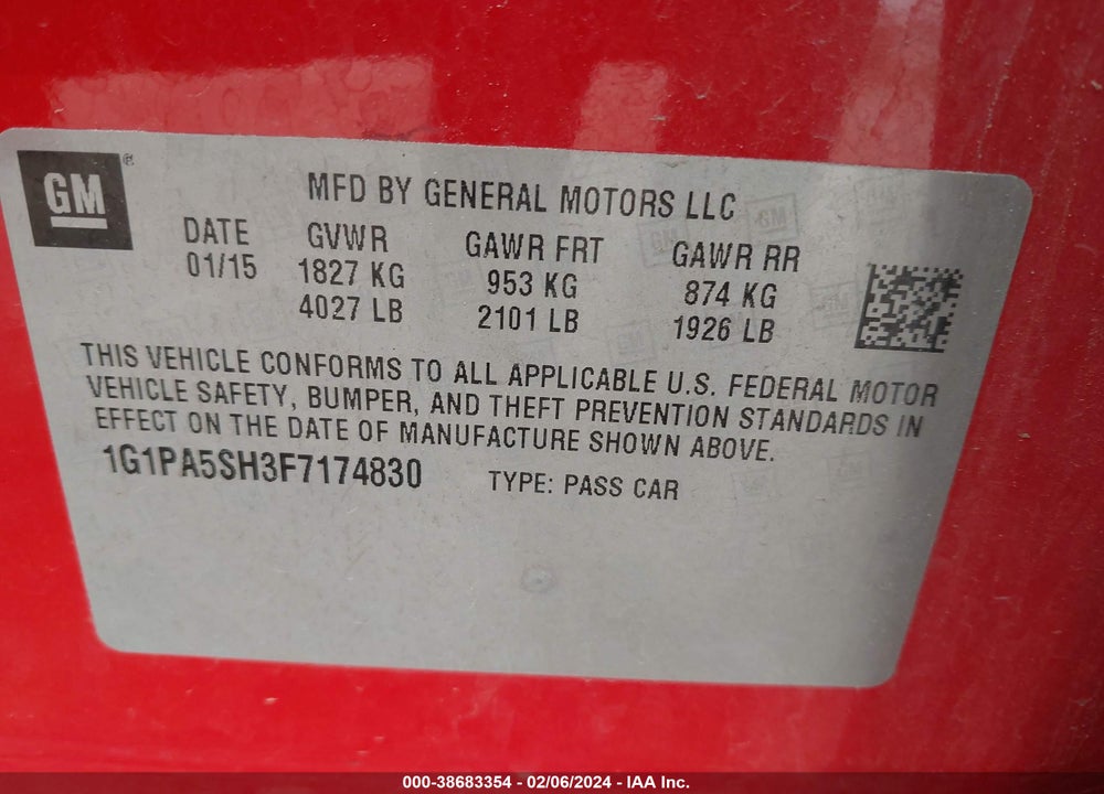 2015 CHEVROLET CRUZE LS AUTO VIN: 1G1PA5SH3F7174830