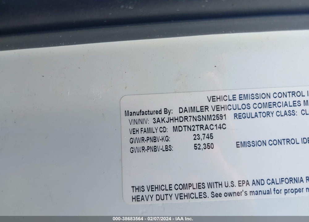 2022 FREIGHTLINER NEW CASCADIA 126 VIN: 3AKJHHDR7NSNM2591