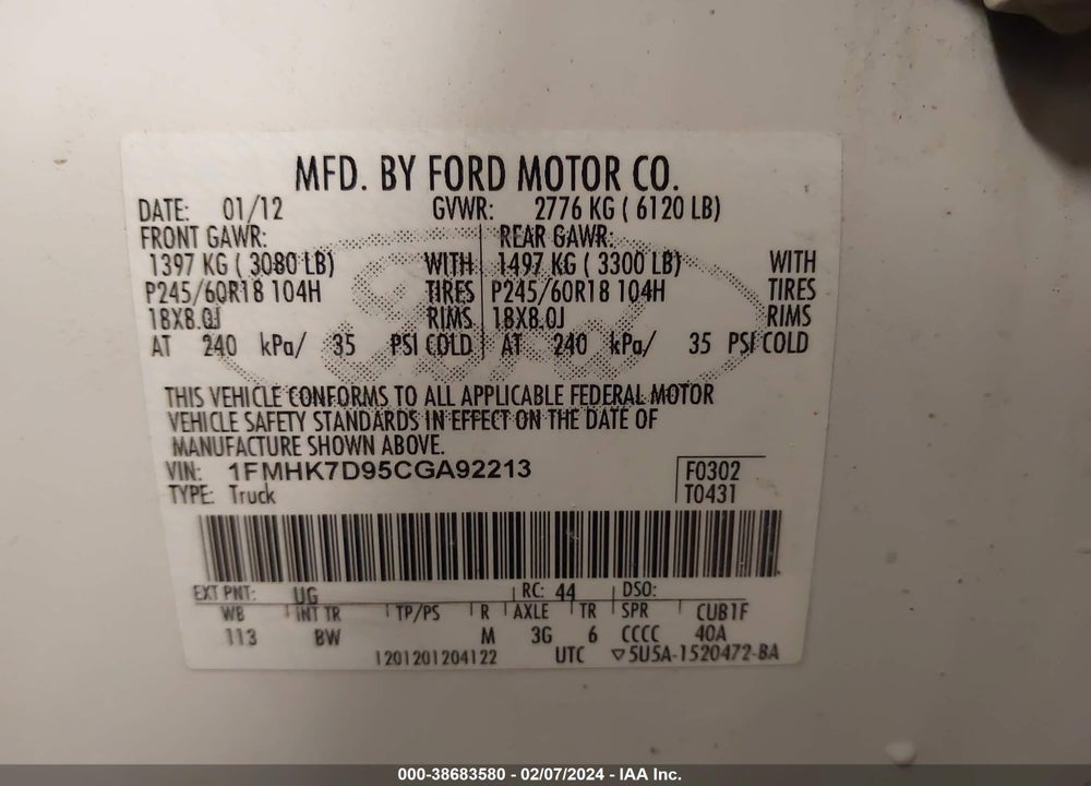 2012 FORD EXPLORER XLT VIN: 1FMHK7D95CGA92213