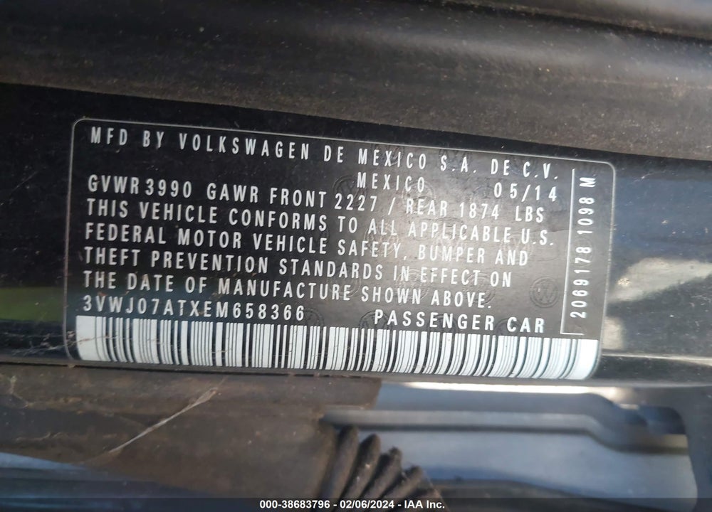 2014 VOLKSWAGEN BEETLE 1.8T VIN: 3VWJ07ATXEM658366