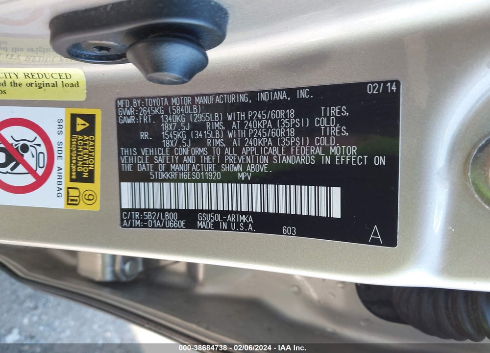 2014 TOYOTA HIGHLANDER XLE V6 VIN: 5TDKKRFH6ES011920