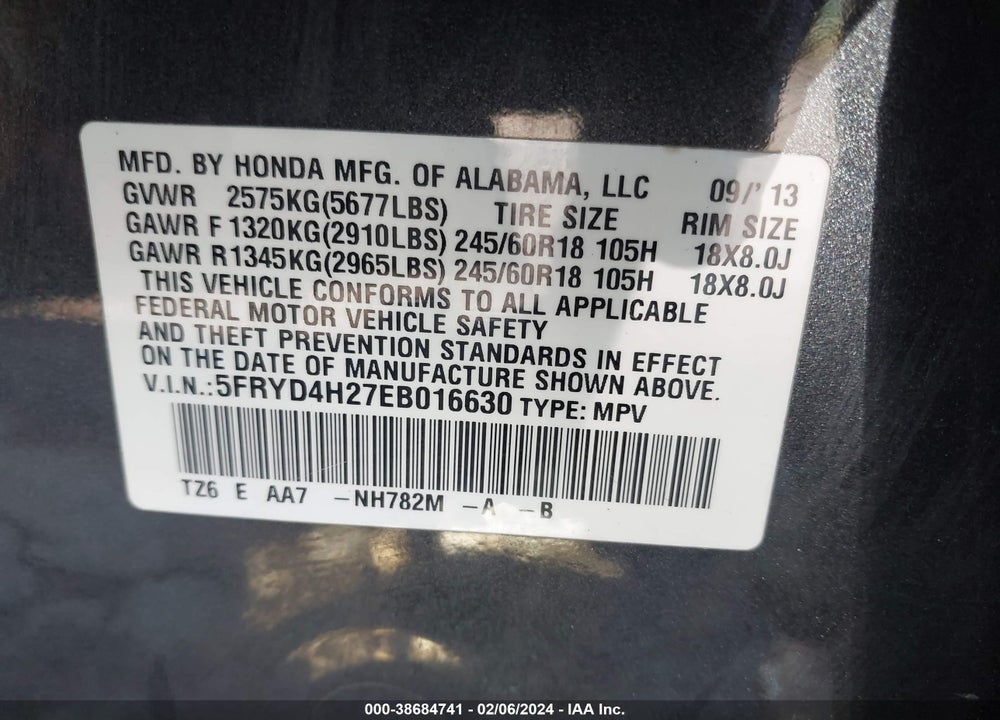 2014 ACURA MDX VIN: 5FRYD4H27EB016630