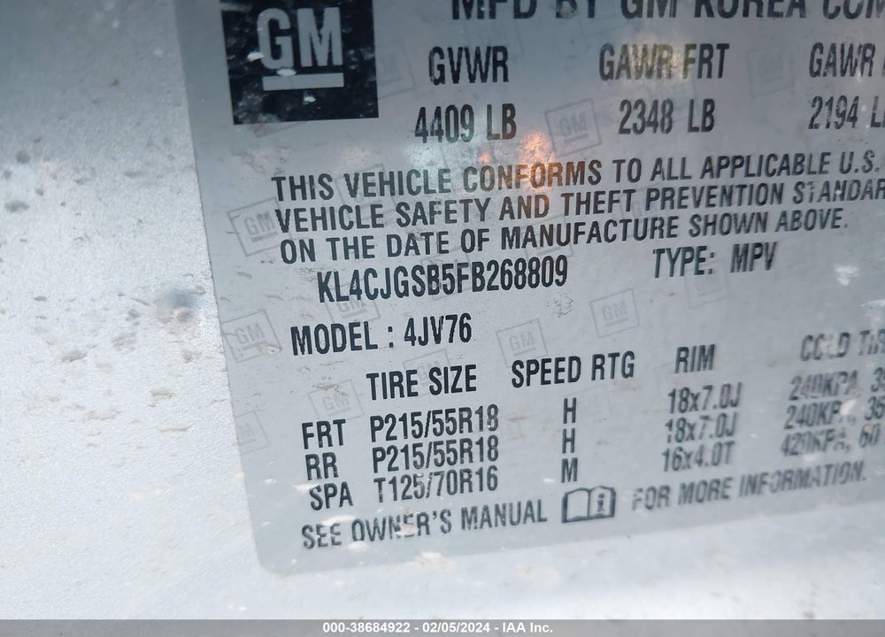 2015 BUICK ENCORE LEATHER VIN: KL4CJGSB5FB268809