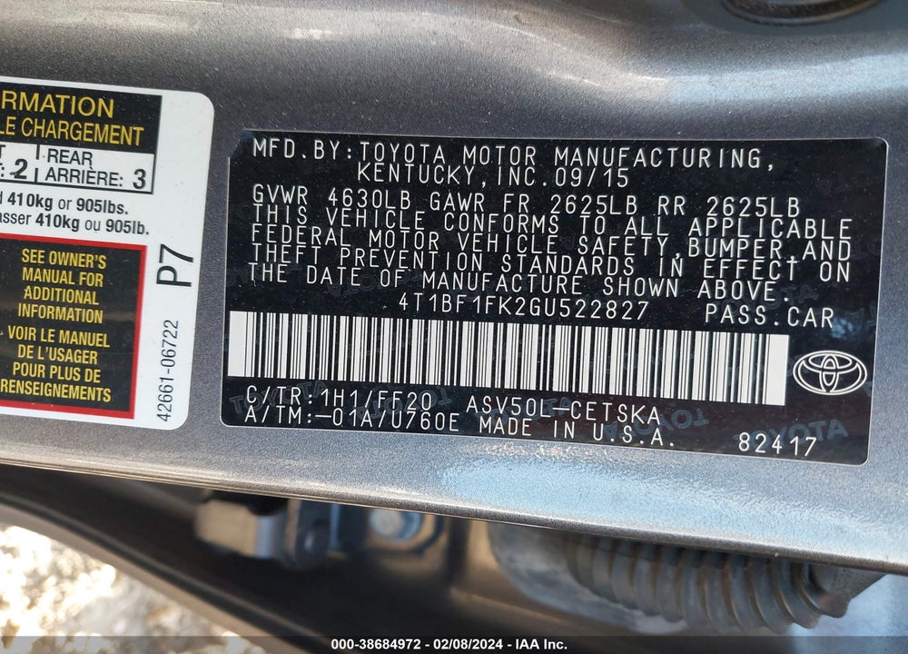 2016 TOYOTA CAMRY SE VIN: 4T1BF1FK2GU522827