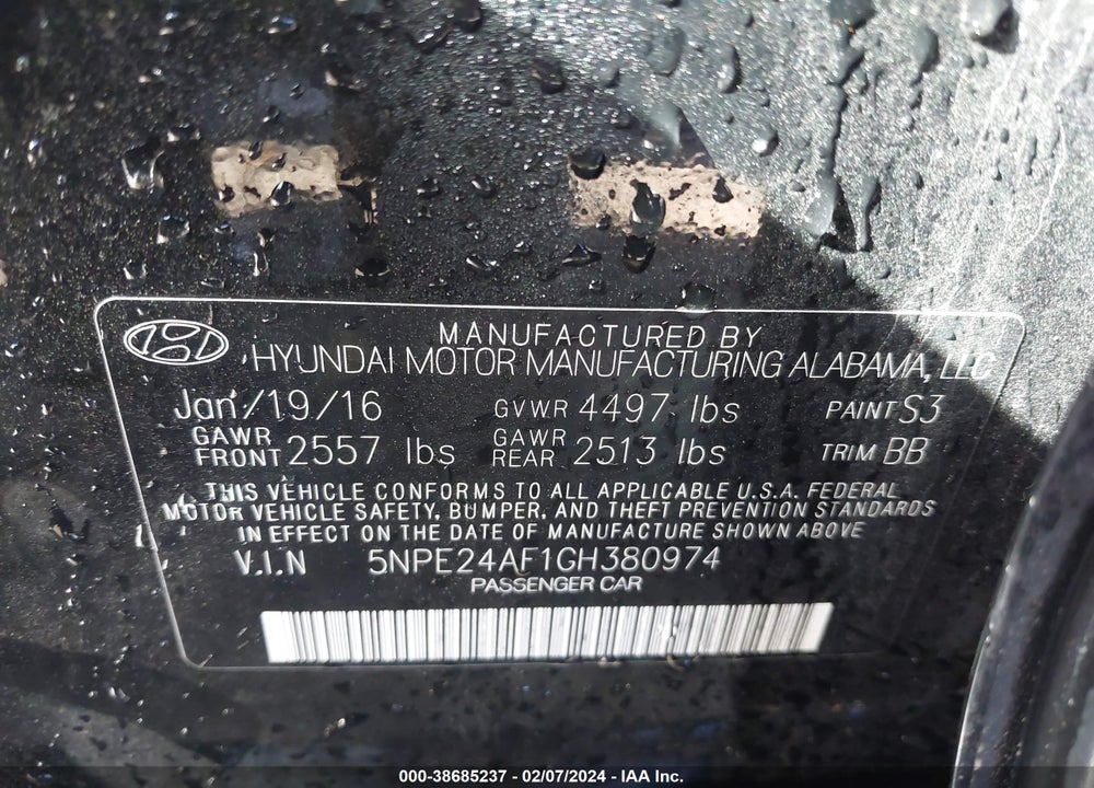 2016 HYUNDAI SONATA SE VIN: 5NPE24AF1GH380974