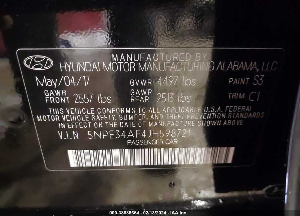 2018 HYUNDAI SONATA SEL VIN: 5NPE34AF4JH598721