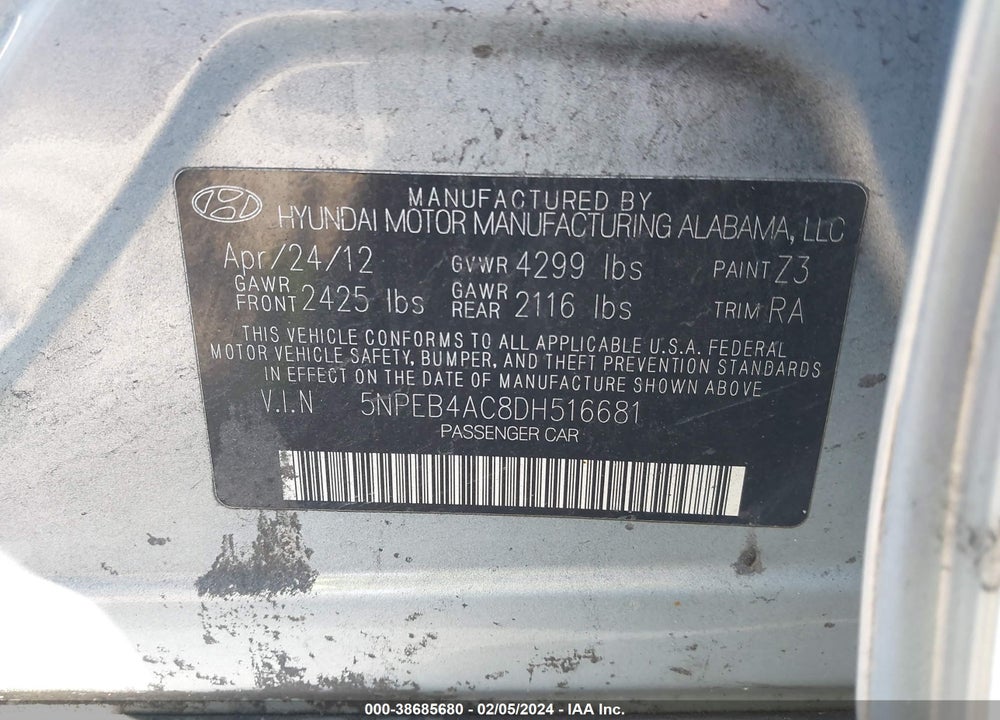 2013 HYUNDAI SONATA GLS VIN: 5NPEB4AC8DH516681