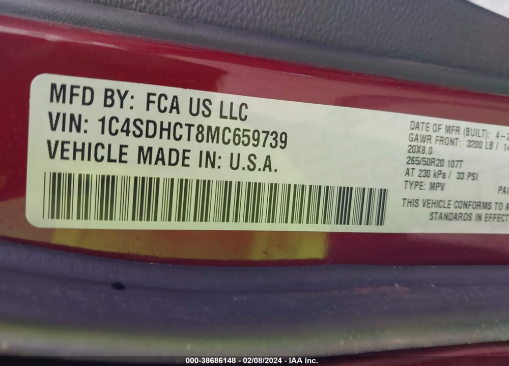 2021 DODGE DURANGO R/T RWD VIN: 1C4SDHCT8MC659739
