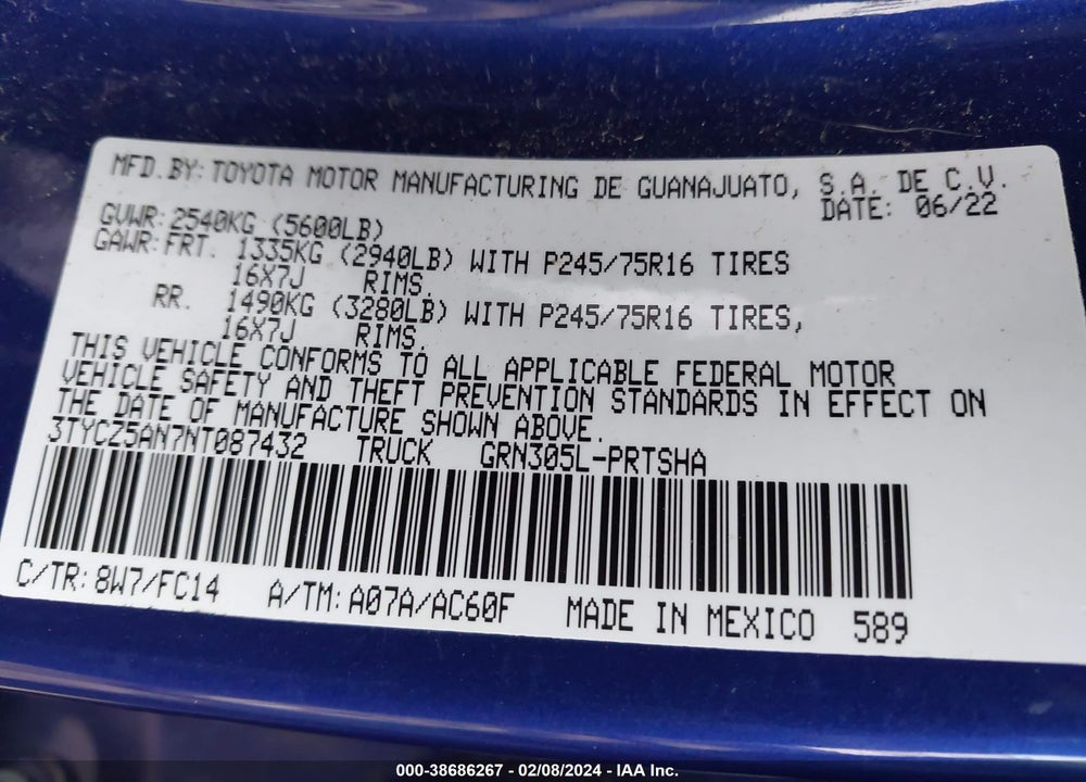 2022 TOYOTA TACOMA SR5 V6 VIN: 3TYCZ5AN7NT087432