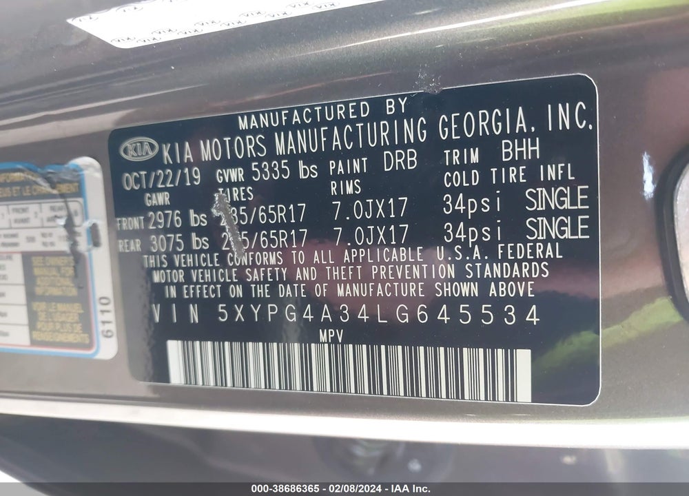 2020 KIA SORENTO 2.4L LX VIN: 5XYPG4A34LG645534