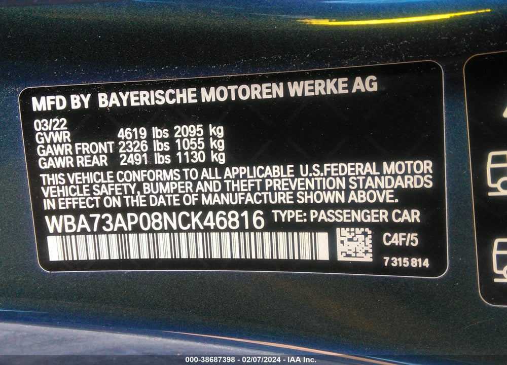 2022 BMW 430XI VIN: WBA73AP08NCK46816