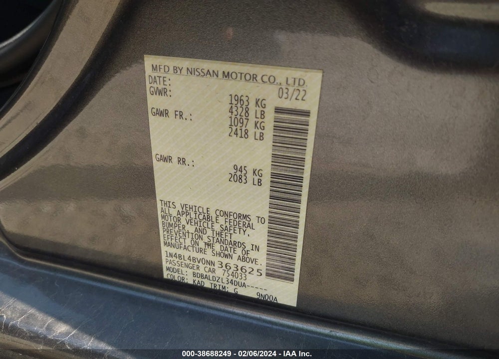 2022 NISSAN ALTIMA S FWD VIN: 1N4BL4BV0NN363625