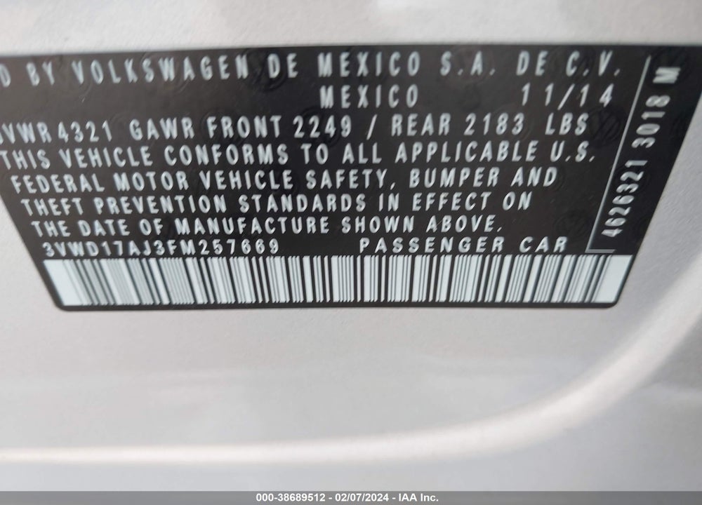 2015 VOLKSWAGEN JETTA 1.8T SE VIN: 3VWD17AJ3FM257669