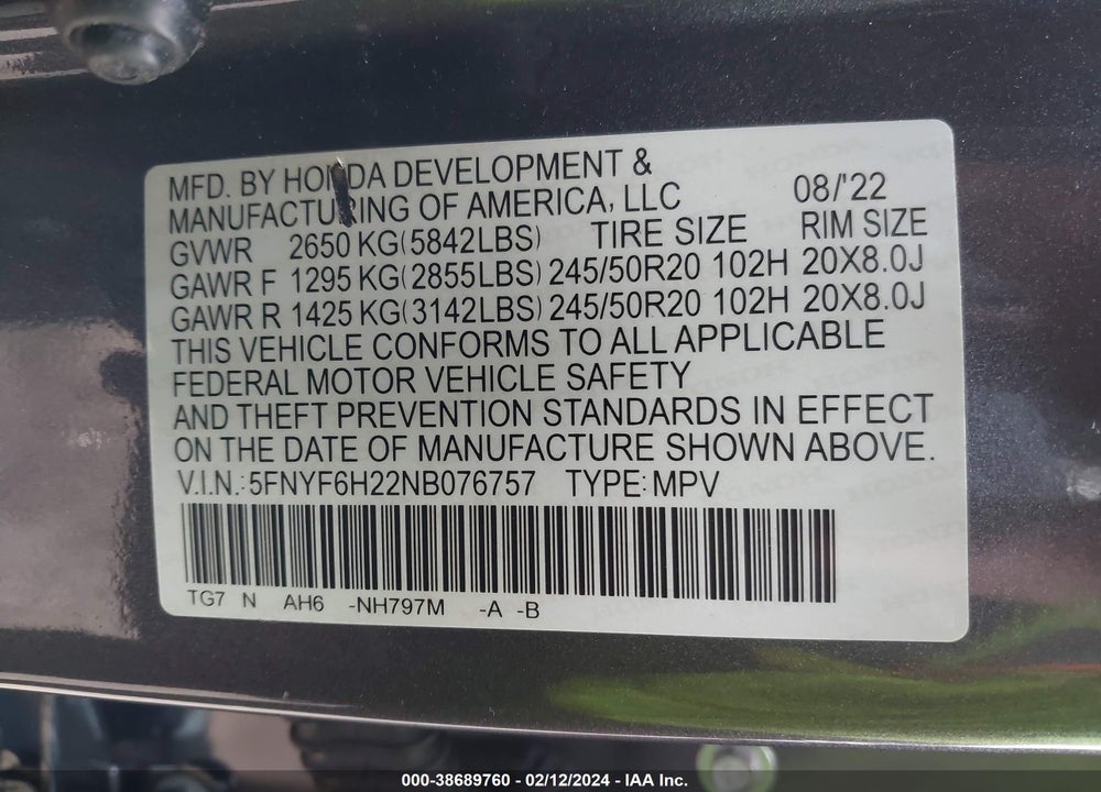 2022 HONDA PILOT AWD SPECIAL EDITION VIN: 5FNYF6H22NB076757