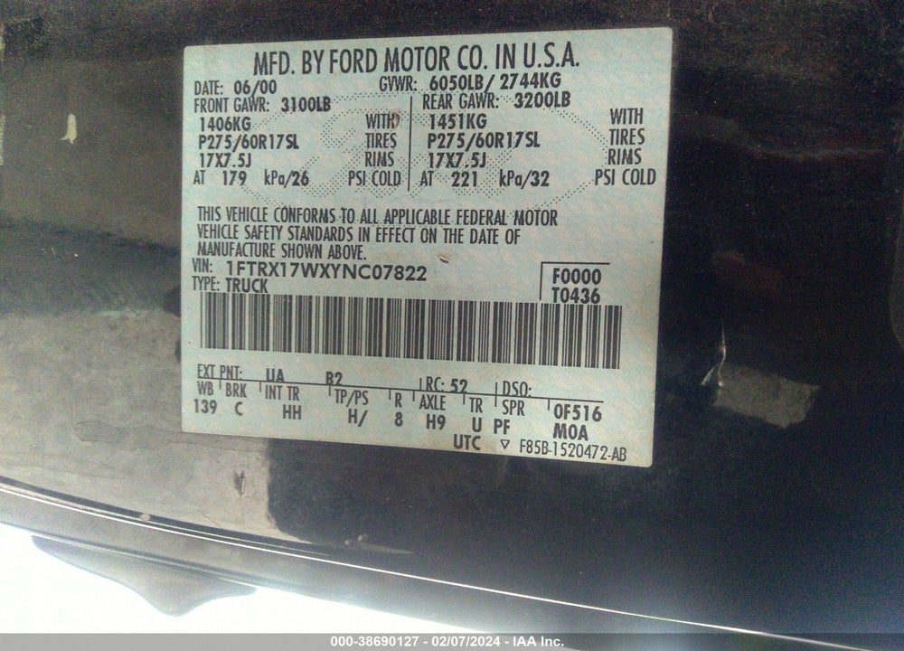2000 FORD F-150 LARIAT/WORK SERIES/XL/XLT VIN: 1FTRX17WXYNC07822