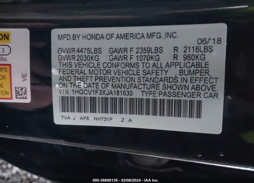 2018 HONDA ACCORD SPORT VIN: 1HGCV1F3XJA181630
