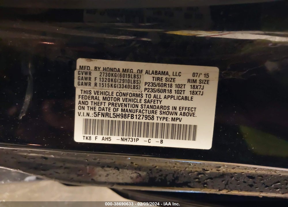 2015 HONDA ODYSSEY TOURING/TOURING ELITE VIN: 5FNRL5H98FB127958
