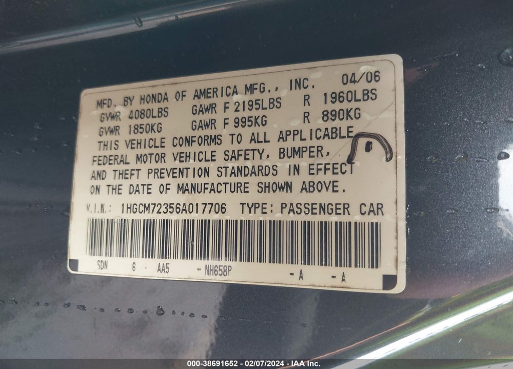 2006 HONDA ACCORD VIN: 1HGCM72356A017706