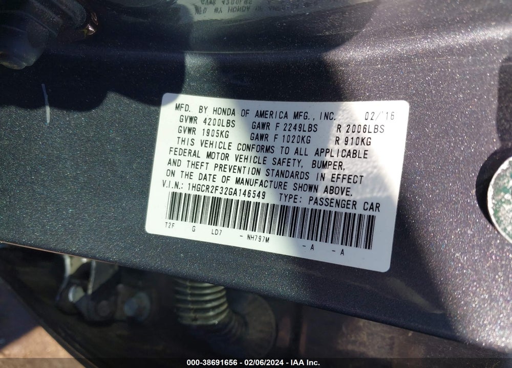 2016 HONDA ACCORD VIN: 1HGCR2F32GA146549