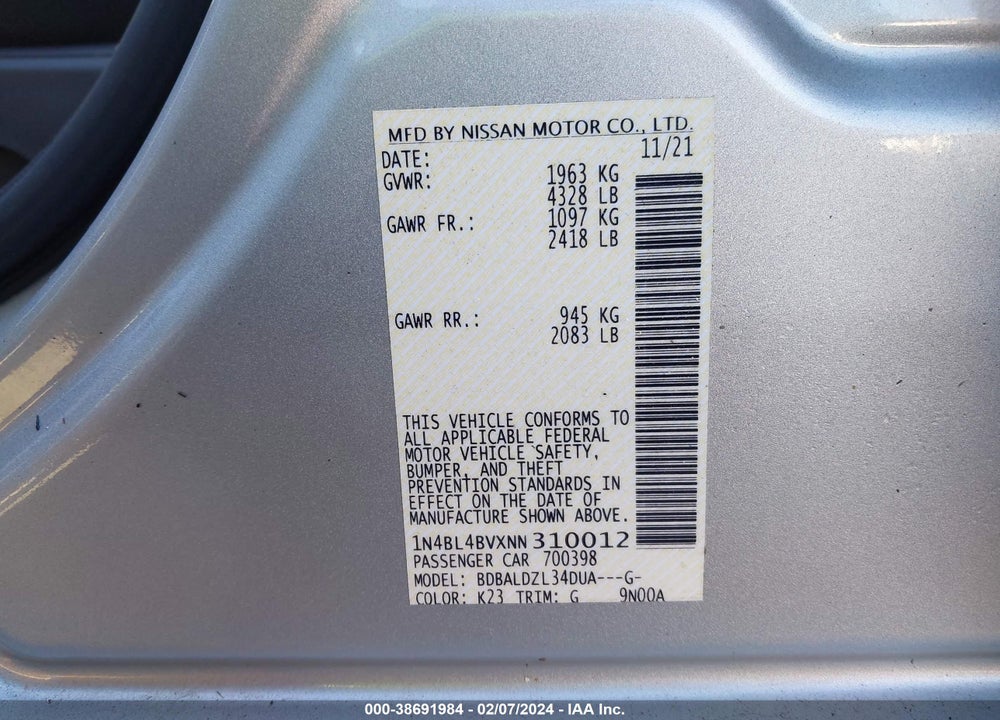 2022 NISSAN ALTIMA S FWD VIN: 1N4BL4BVXNN310012