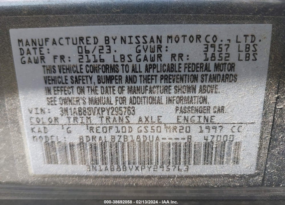 2023 NISSAN SENTRA S XTRONIC CVT VIN: 3N1AB8BVXPY295763