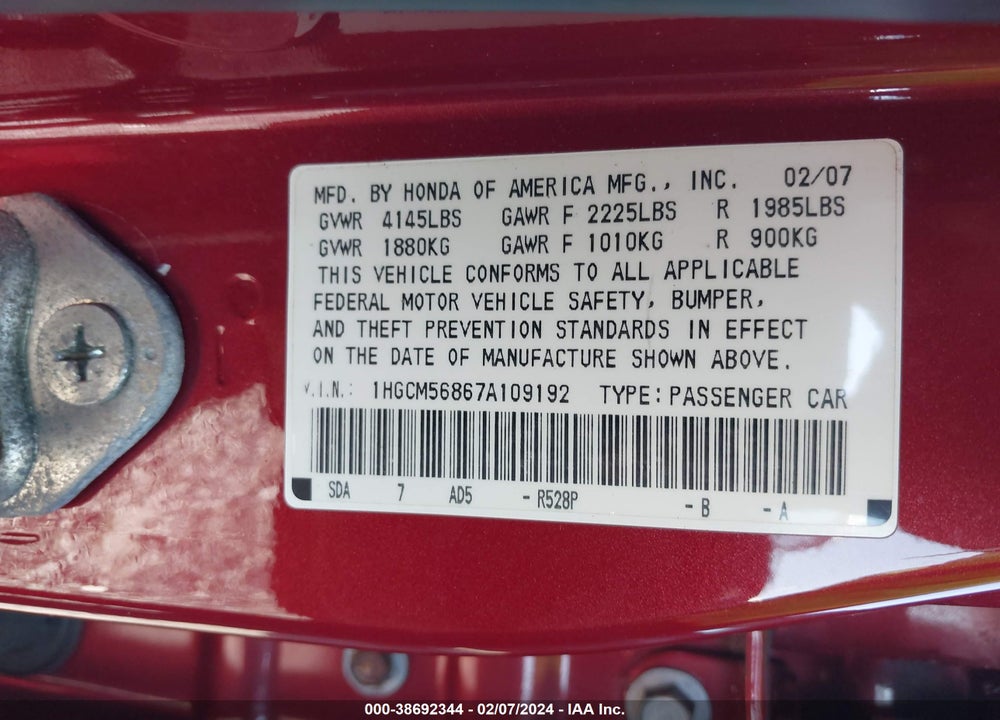 2007 HONDA ACCORD 2.4 EX VIN: 1HGCM56867A109192