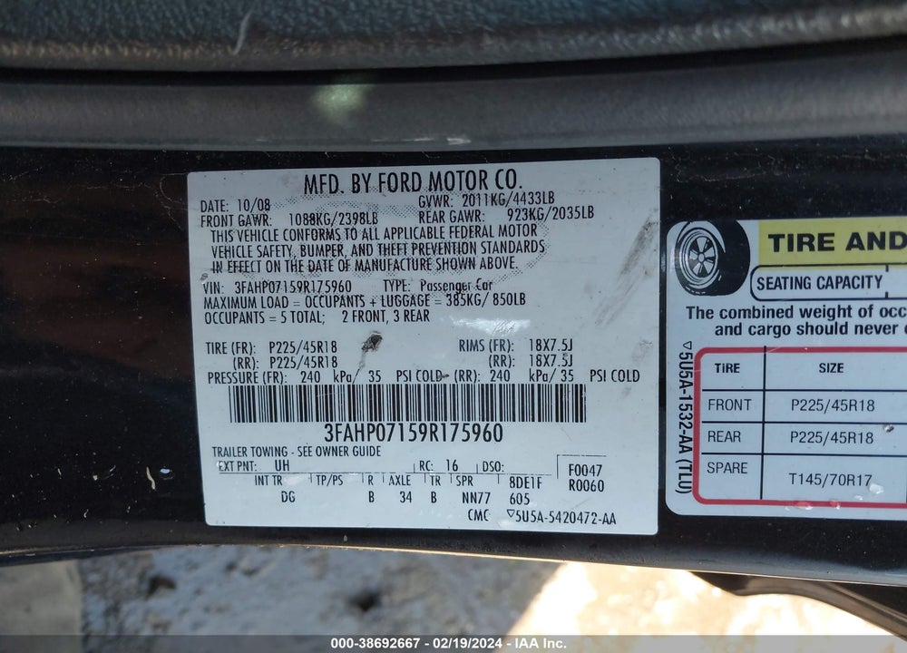 2009 FORD FUSION SE VIN: 3FAHP07159R175960